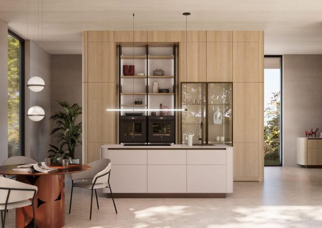 Modern handleless kitchen with integrated lighting, wood finishes and statement island pendant lighting by Tolle Kitchens